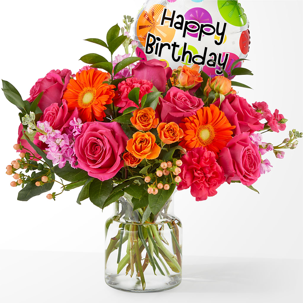 Fiesta Bouquet with Birthday Balloon – Landers Flowers, Savannah MO