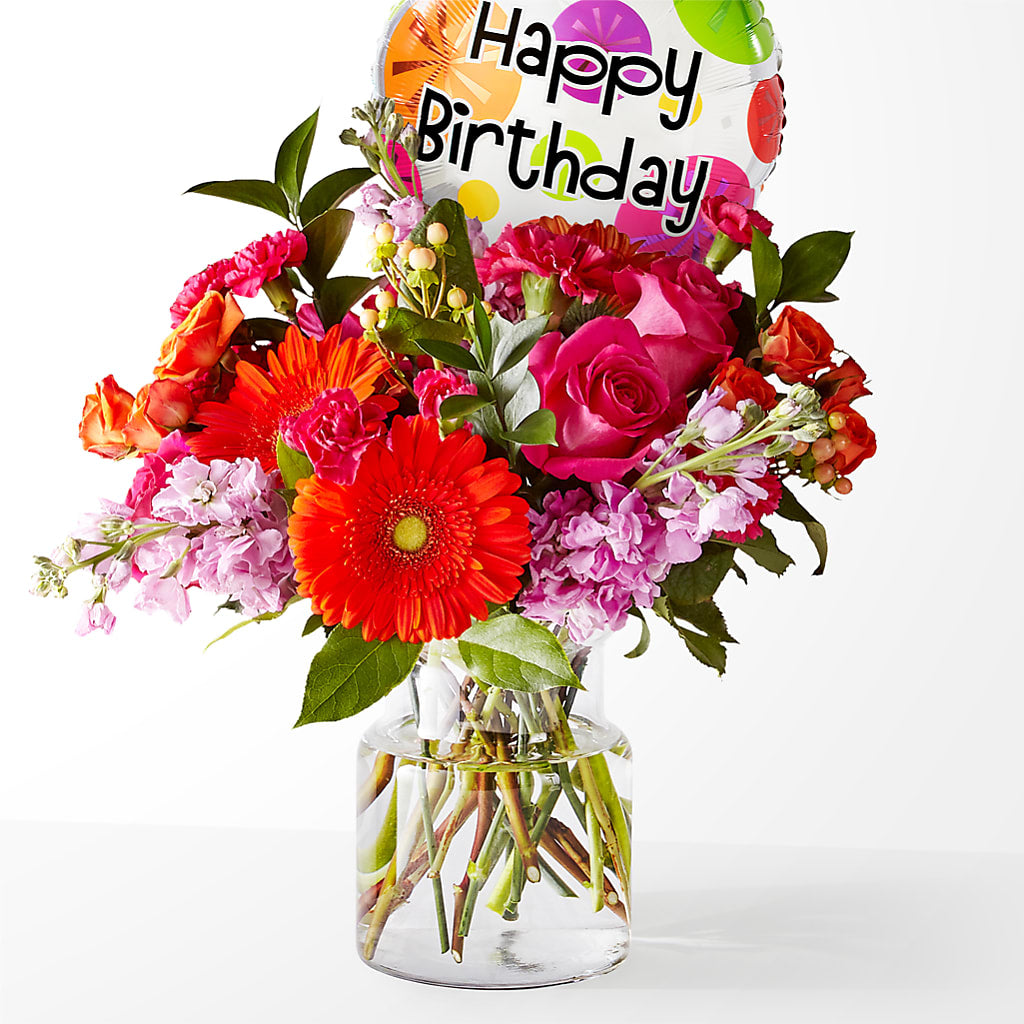 Fiesta Bouquet with Birthday Balloon – Landers Flowers, Savannah MO