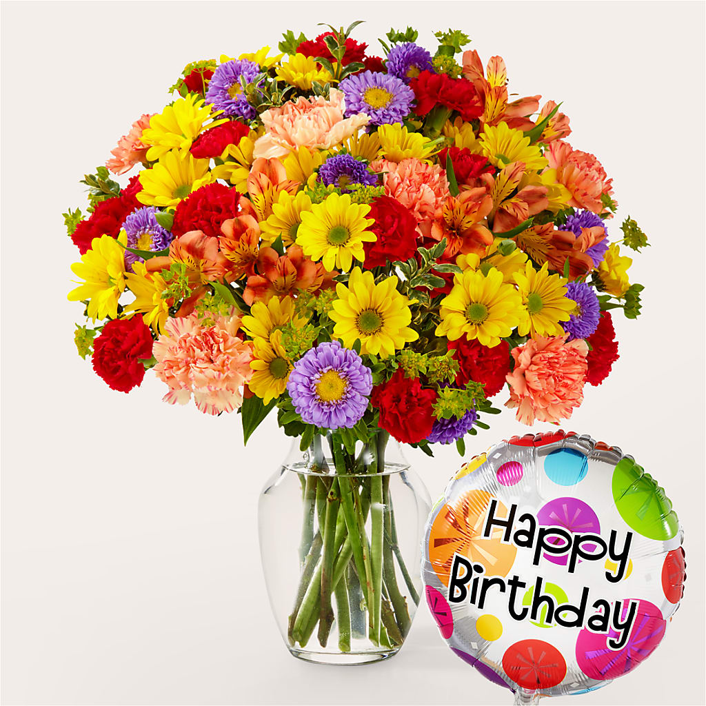 Kaleidoscope Bouquet with Birthday Balloon – Landers Flowers, Savannah MO