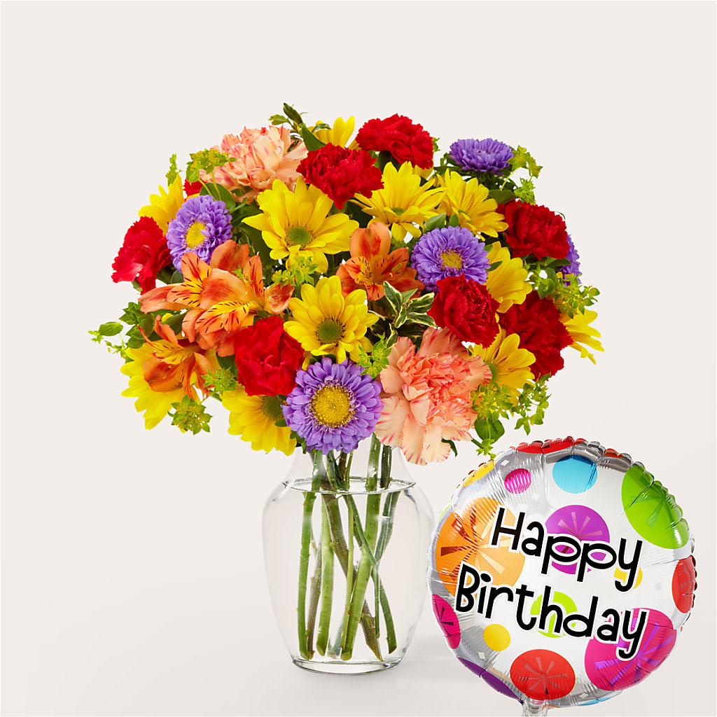 Kaleidoscope Bouquet with Birthday Balloon – Landers Flowers, Savannah MO