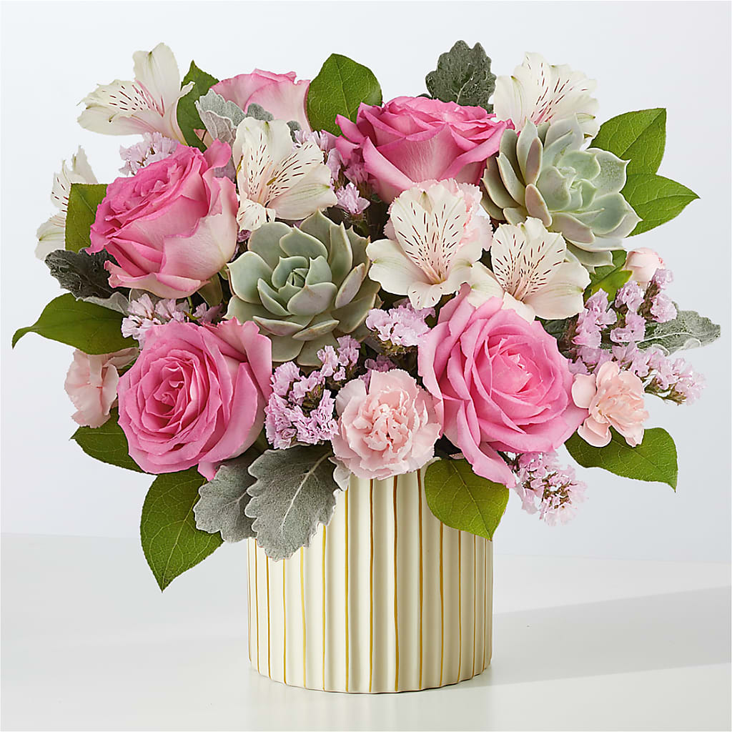 Dusty Rose Bouquet with Ivory Vase – Landers Flowers, Savannah MO