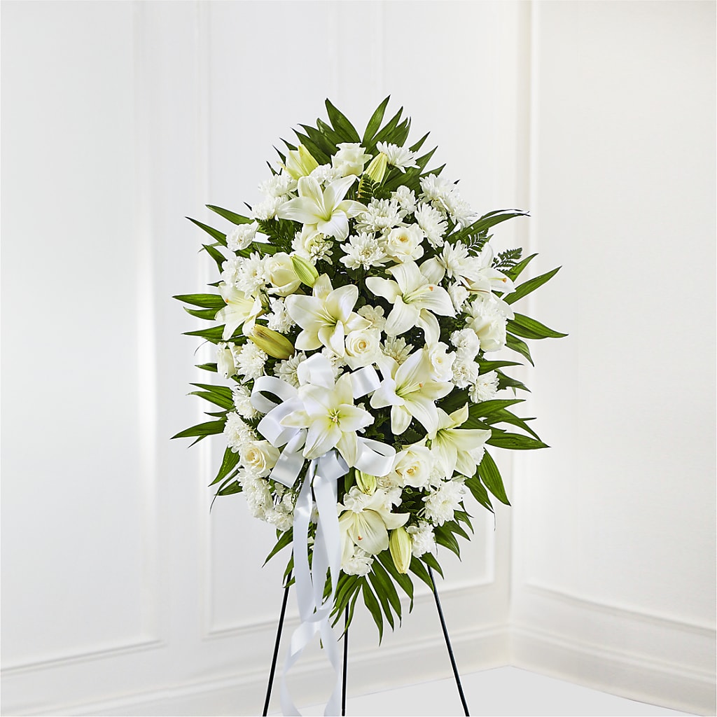 Exquisite Tribute Standing Spray-White Ribbon – Landers Flowers, Savannah MO