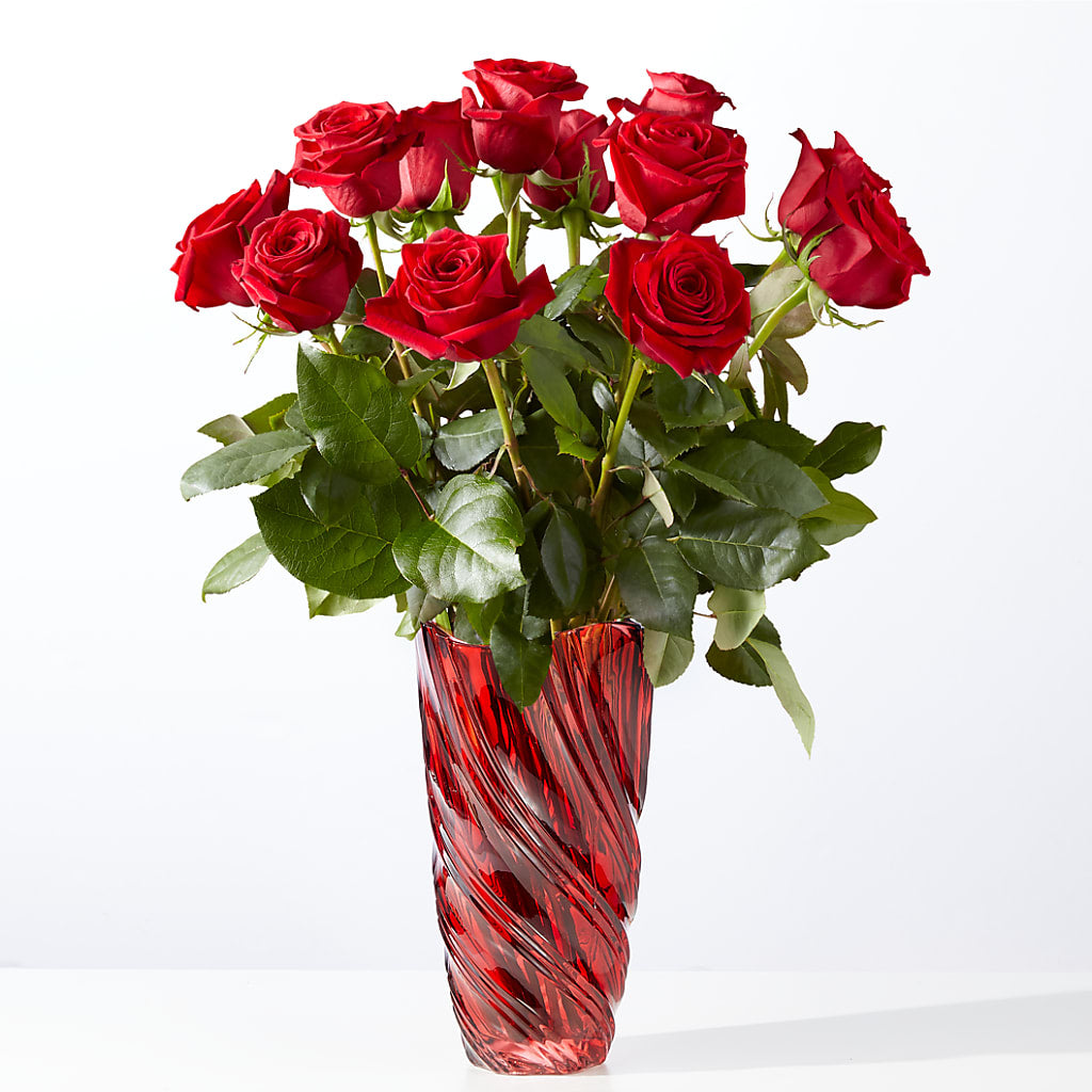 Classic Love Red Rose Bouquet with Luxe Swirl Vase – Landers Flowers, Savannah MO