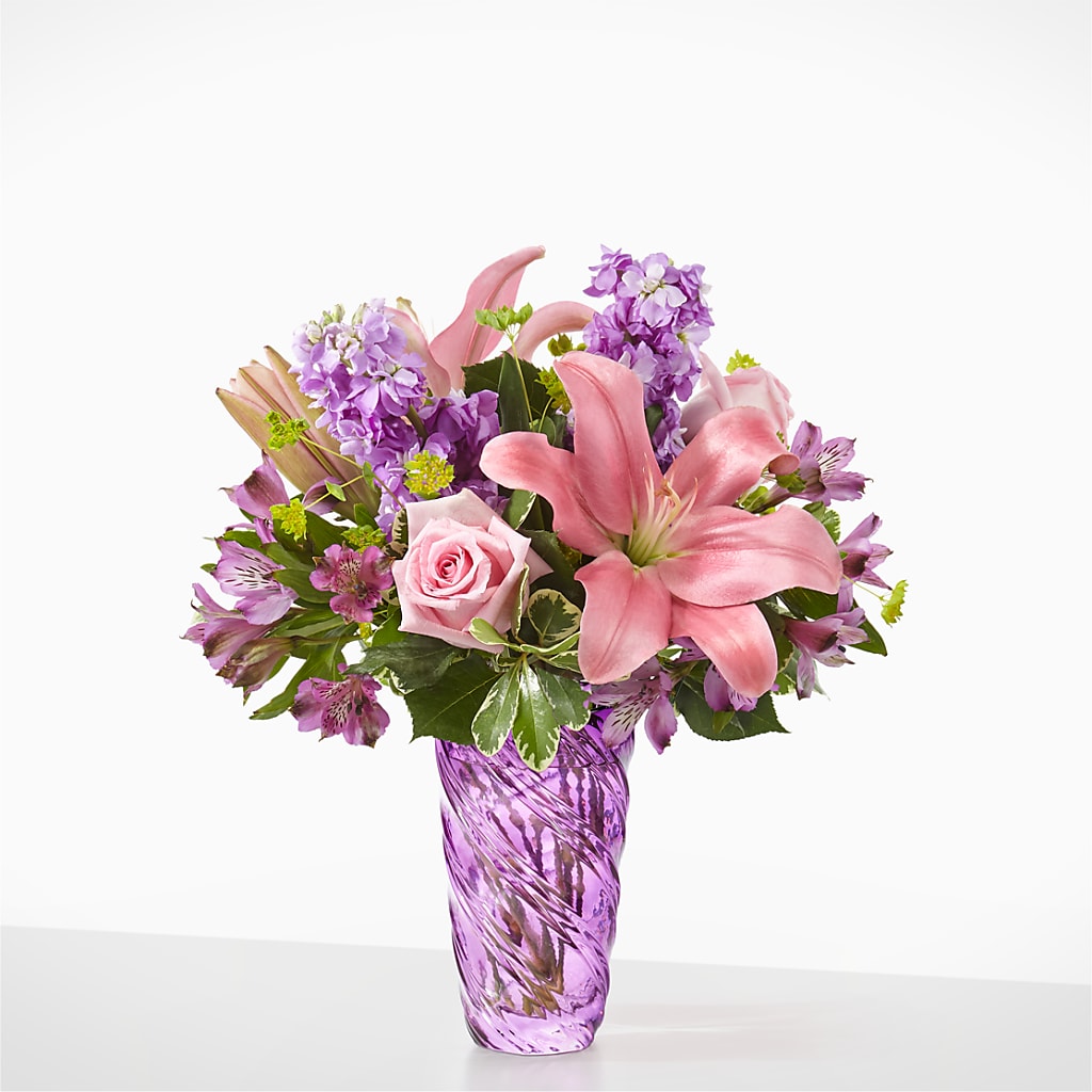 Precious Petals Bouquet with Luxe Swirl Vase – Landers Flowers, Savannah MO